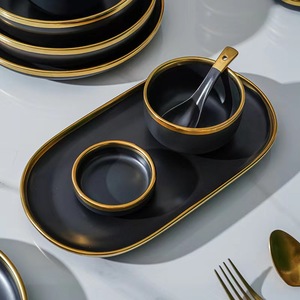 ModernStyle High Quality Black <b>Dinnerware</b> <b>Sets</b> With Gold Rim Ceramic Bowl Dishes Saucer Spoon Plates <b>for</b> Restaurant Hotel - Product Image 4