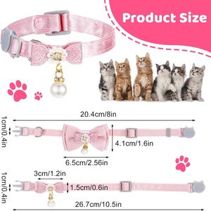 Collier <span class=keywords><strong>de</strong></span> luxe rose réglable en satin et dentelle pour chaton, chat ou chien, avec clochette, nœud papillon et pendentif perle pour chat femelle - Product Image 3