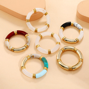 Pulsera de moda ecológica, brazalete de resina de mármol de colores de estilo bohemio con cuentas de tubo espaciador y tubo curvo acrílico, venta al por mayor - Product Image 1