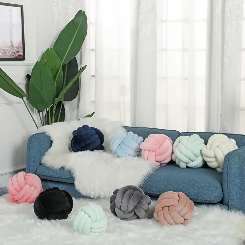 Nordic Style Popular Soft Polyester Fiber Solid Woven Plush Fleece Tie Knot Ball Sofa Throw Pillow Cushion For Home Decoration