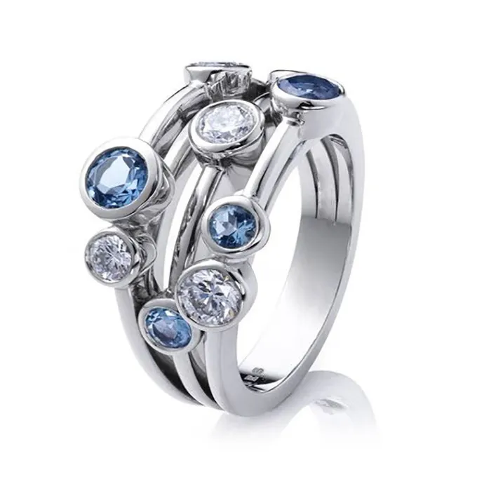 CAOSHI Cincin Wanita Gaya Pesta, 3 Baris dengan Bulat Putih/Biru Zirkon Batu Ins Item Sederhana Mode Cincin Perhiasan Wanita