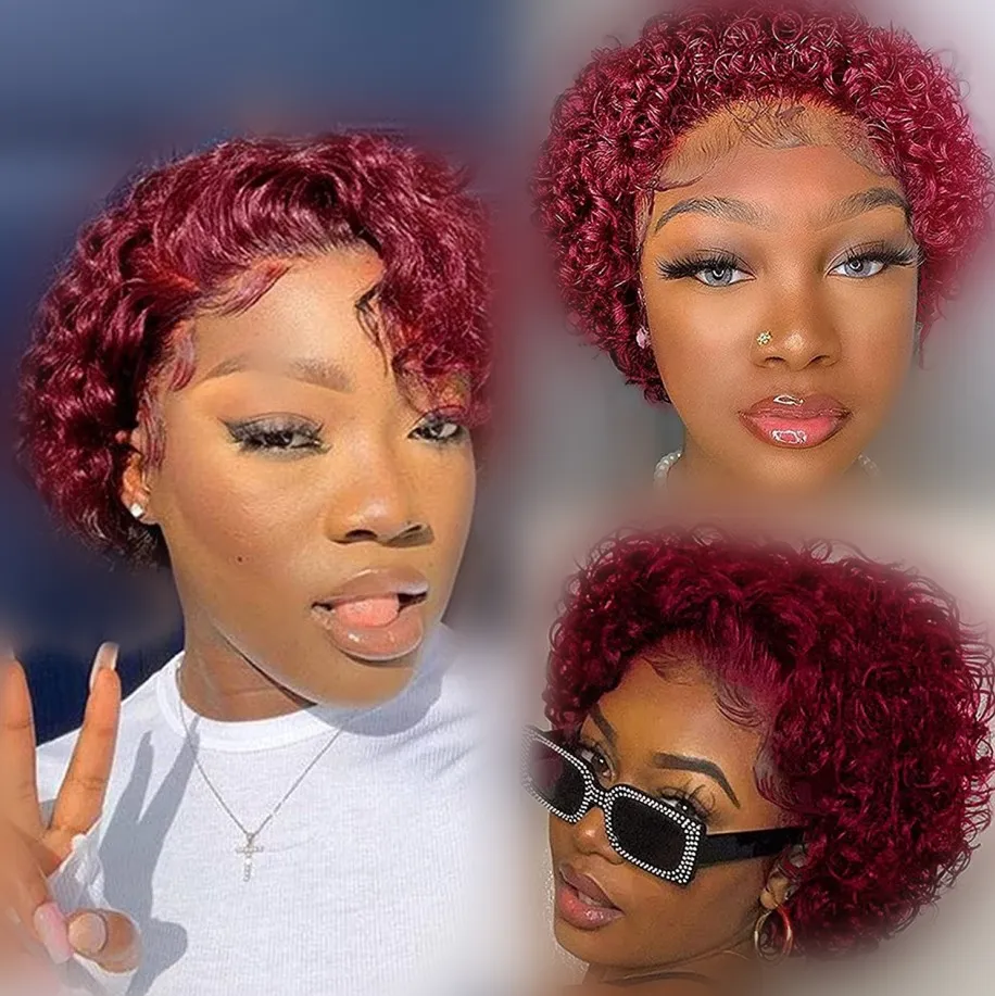 perruque reflective pixie curls cut short curly bob 99j burgundy raw Indian virgin cuticle aligned human hair lace front wig