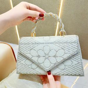 New Cross-border European American Fashion Retro Full Pearl Chain <b>Small</b> Square Evening Rhinestone Polyester <b>Handbag</b> Tanjing - Product Image 6