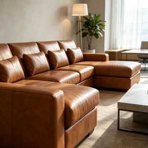 Sofá Seccional en Forma de U de Lujo, Estilo Vintage, Cuero Color Caramelo, Brazos Cuadrados, Asientos Profundos, Reclinable, para Sala de Estar - Product Image 1
