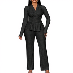 Women's Elegant 2 Piece Rib <b>Knit</b> <b>Set</b> Long Sleeve V Neck Top With Ruffles And Wide Leg Pants Solid Color All Seasons Wear - Product Image 4