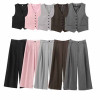 Ensemble Printemps Nouveau Gilet Boutonné Femme + Pantalon Large Taille Haute Décontracté Vintage à Plis et Braguette Zippée pour Femmes Mujer