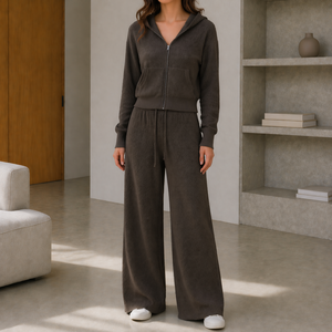 Completo da <span class=keywords><strong>Donna</strong></span> in 100% <span class=keywords><strong>Lana</strong></span> a Maglia Waffle, Top con Zip e Cappuccio Vestibilità Ampia, <span class=keywords><strong>Pantaloni</strong></span> a Vita Alta e Gamba Larga, Due Pezzi Casual Caldi per Autunno Inverno - Product Image 1