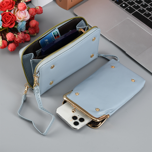 Blue PU 2-in-1 Phone Wallet Purse Frame Clasp & Zipper Design Detachable Wrist Strap Multi Card Slots Cellphone Crossbody Bag