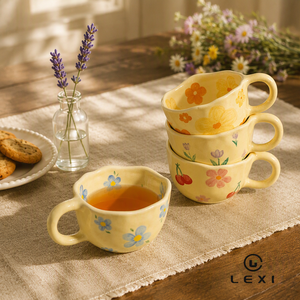 Juego de Tazas LEXI Pintadas a Mano con Diseño Floral, Borde Ondulado, Azul Cereza, Morado Tulipán, Amarillo Naranja, Patrón Botánico, Cerámica, Aptas para Lavavajillas - Product Image 1
