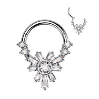 Anneau segmenté articulé en acier inoxydable 316L avec fleur en CZ baguette, acier chirurgical PVD, calibre 16, piercing à clic