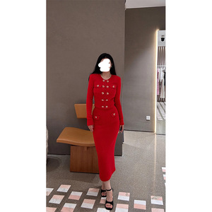 Set pakaian dua potong kasual kualitas tinggi, mantel rajut kancing cinta Slim-fit temperamen Prancis baru musim gugur 2025 - Product Image 4