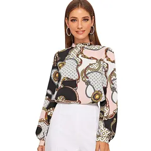 Wettbewerbs fähiger Preis benutzer definierte elegante neueste Design Stehkragen Damen Langarm Print Bürohemd Bluse