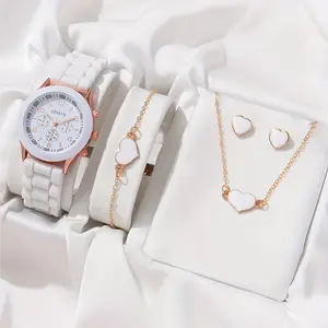 Luxe Vrouwelijke Quartz Horloge Sieraden Set Mode Vrouwen Horloges Hartvormige Vlinder Armband Oorbel Ketting Set Voor Cadeau