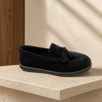 Mocassins noirs à pampilles pour femmes, bout rond, empeigne cousue, chaussures plates décontractées pour le quotidien