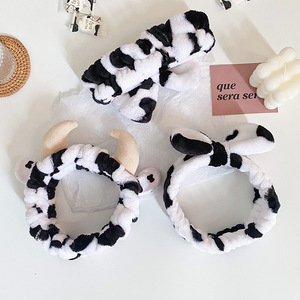 Jiamu Korean Ins Style 3D Fabric Strap Super Soft Cute <strong>White</strong>&amp;<strong>Black</strong> Bowknot Animal Print Horn Makeup <strong>Headband</strong> Women's Plush Hair - Product Image 1