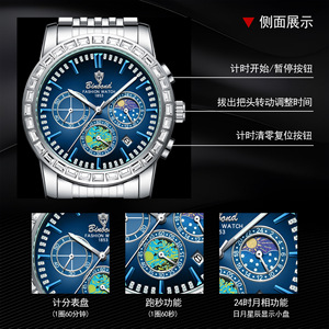 Binbond Men's Watch Stainless Steel Strap Moon Phase Luminous Water Resistant Quartz Watch - Product Image 3