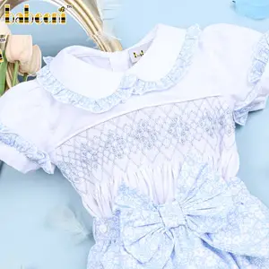 Blue floral geometric smocking little girls clothings set OEM ODM wholesale smocked baby clothing - BB2510