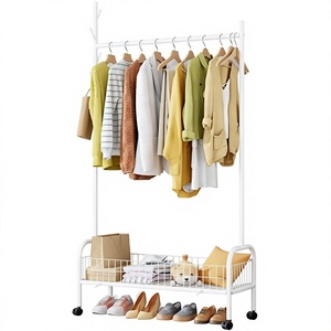Minimalist Metal <b>Clothing</b> <b>Rack</b> With Wheels Double Tier Storage Holder For Living Room Standing Type Multifunctional Design - Product Image 6