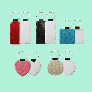 New Arrival PU Leather Custom Sublimation Photo Keychains Blank Glitter Round Rectangle Shape for Sublimation