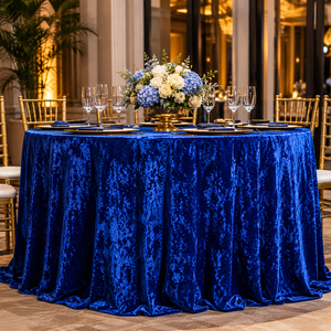 Wholesale Royal Blue Crushed Velvet <b>Round</b> <b>Table</b> Cloth Linens for Wedding Party Home Use Available in Gold Black Navy Colors - Product Image 1