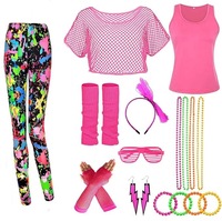 Ensemble de 10 pièces pour femmes, vêtements de sport rétro des années 1980, costume fantaisie, t-shirt en maille néon hip-hop, boucles d'oreilles, ensemble d'accessoires des années 80, tenues de fitness