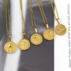 MECYLIFE Personalized Gift 18K Gold Jewelry Stainless Steel Medal Flower Necklace Coin Necklace Birth Month Flower Necklace