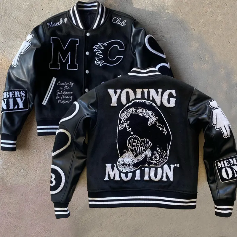 OEM Chất Lượng Cao Vá Thêu Người Đàn Ông Cao Đẳng Tùy Chỉnh Bóng Chày Máy Bay Ném Bom Letterman Crop Da Tay Áo Varsity Áo Khoác