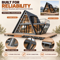 Maison préfabriquée en A-frame, cabane modulaire de glamping avec mur-rideau en verre pleine hauteur, structure en acier et balcon surélevé pour projet hôtelier