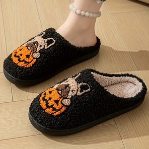 Chaussons pour femmes chauds antidérapants en fourrure, motif citrouille et <span class=keywords><strong>chien</strong></span> d'Halloween, cadeau de Noël, nouveauté pour couples, intérieur, automne-hiver - Product Image 2