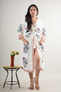 <b>Women</b> Floral Embroidered Cotton <b>Kimono</b> Robe V-Neck Three Quarter Sleeve Knee Length Loose Fit Hand Embroidery Spring Loungewear - Product Image 2