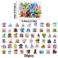 56 pegatinas impermeables transparentes de dibujos animados del mundo de los cuentos de hadas, casa de setas, mascotas, para decoración DIY de fundas de teléfono, cuadernos y vasos.