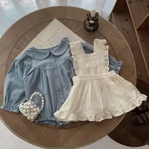Spring Autumn Infant Baby Girls Blue Plaid Romper Newborn Kids Overall Dress Baby Clothing Set