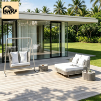 Ensemble de lit de jour tressé en corde double taille avec pieds en aluminium et coussin épais, ton neutre, pour extérieur, jardin, bord de piscine, villa, complexe hôtelier