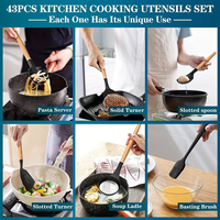 Ensemble d'ustensiles de cuisine en silicone avec manche en acier inoxydable, résistant à la chaleur, noir, 43 pièces, avec support, ODM