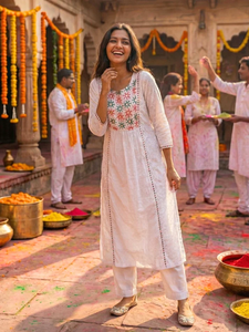 Conjunto de Kurta de Algodón Blanco Bordado para Mujer con Dupatta, de Secado Rápido, Sin Arrugas, Estilo Étnico para Uso Diario - Product Image 2