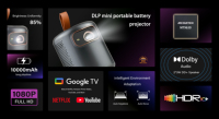 Système Google TV, design portable DLP, mise au point automatique, mini projecteur 4K Full HD, batterie intégrée 10000 mAh rechargeable, son Dolby