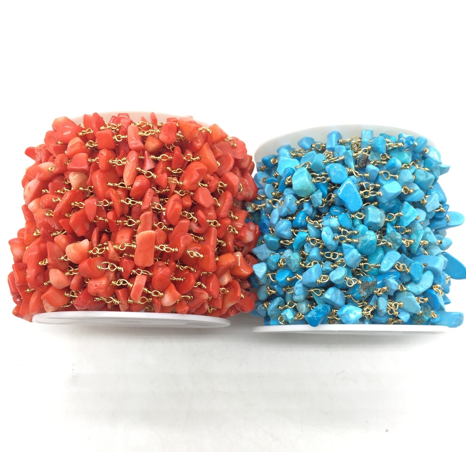 Latest Factory Wholesale Fashion Rosary Chain Coral Turquoise Beads Chain Handmade Copper Chain