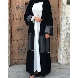 Neueste muslimische islamische Kleidung Perle Perlen schwarze offene Spitze lange Strickjacke Frauen Dubai Abaya