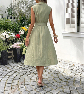 <span class=keywords><strong>Robe</strong></span> chemise sans manches vert sauge pour <span class=keywords><strong>femme</strong></span>, col à revers, boutonnée, ceinturée, coupe trapèze, longueur midi - Product Image 2