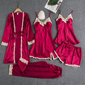 WINGTU-Conjunto de pijama liso con estampado personalizado para mujer, ropa de dormir de seda satinada <span class=keywords><strong>sexy</strong></span>, 5 uds. - Product Image 3