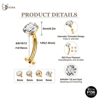 Anneaux de nombril en titane G23 ASTM F136, bijoux de piercing de nombril à filetage interne, barbell incurvé 14G avec zircon cubique, vente en gros