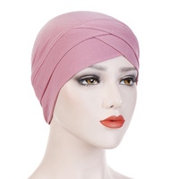 Moda Hijab y tela elástica a juego turbante cruzado frente sombrero indio bufandas de cabeza de cristal y gorras musulmanas para mujeres