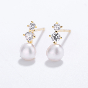 S925 <b>Silver</b> Gold Plated Double CZ Freshwater Pearl Drop Earrings Elegant Jewelry Gift for Women Brides - Product Image 5