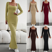 Hochwertige Mode Damen Herbst Square Neck Frauen Solid Rüschen Bodycon Kleid Sexy Langarm Strick Slim Kleid