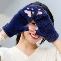 Guantes de invierno cálidos y gruesos para mujer, de moda, con diseño de pata de gato, de felpa suave, sin dedos, de medio dedo