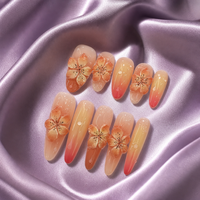Faux ongles longs en forme de cercueil, faits à la main, sculptés en 3D, motif floral, dégradé coucher de soleil orange-rouge, réutilisables, vente en gros