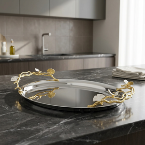 Premium Ginkgo Metal <b>Serving</b> <b>Tray</b> Decorative Oval <b>Tray</b> with <b>Gold</b> Tone Leaf Handles for Tabletop Home Decor Gift Giving - Product Image 3