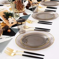 Assiettes à steak occidentales en plastique rigide PS, jetables, transparentes, avec bord doré, vaisselle de table