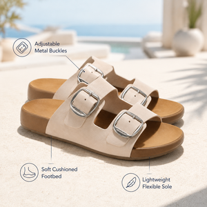 2026 New Fashion Women <b>Flat</b> <b>Sandals</b> PU Upper Rubber Midsole Buckle Strap Open Toe Casual Slippers - Product Image 3