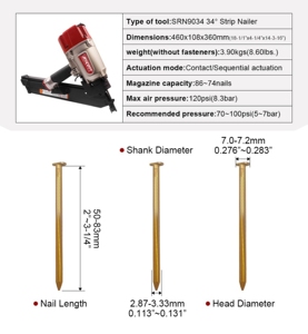 34 °   <span class=keywords><strong>Pistola</strong></span> Neumática Profesional <span class=keywords><strong>de</strong></span> <span class=keywords><strong>Clavos</strong></span> <span class=keywords><strong>para</strong></span> Madera con Cabeza Redonda, 2"~3-1/4", SRN9034, Clavadora <span class=keywords><strong>de</strong></span> Primera Calidad <span class=keywords><strong>para</strong></span> Tiras, Herramienta Neumática OEM - Product Image 2